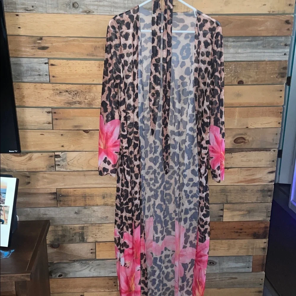 Leopard Print Kimono with Pink Floral Accents